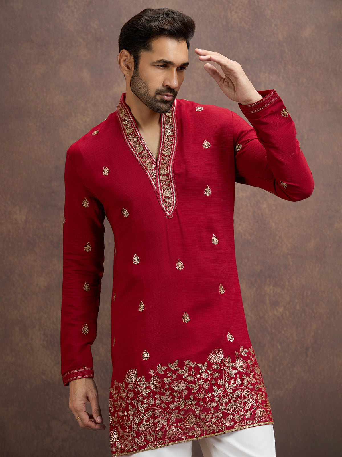Red zari embroidered silk kurta pajama for men