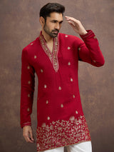 Red zari embroidered silk kurta pajama for men
