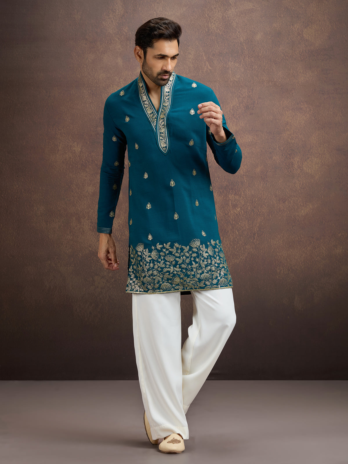 Teal blue zari embroidered silk kurta pajama for men