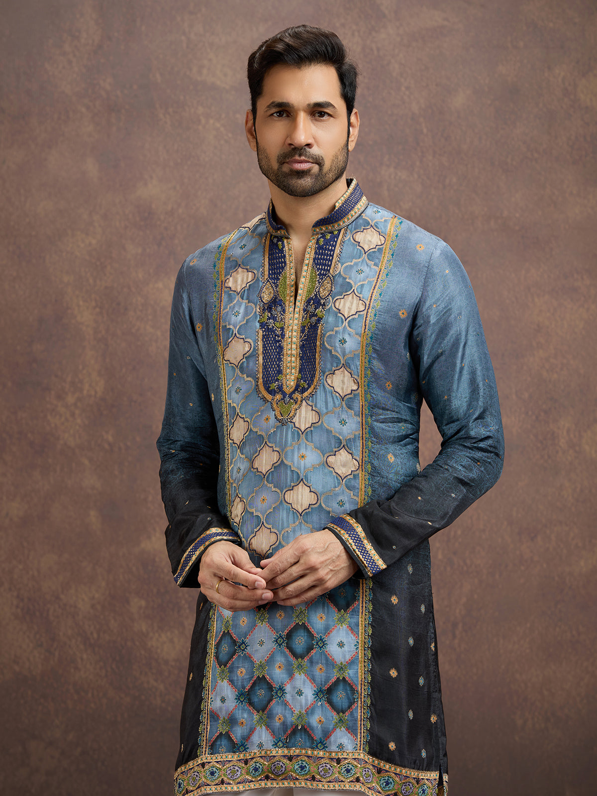 Steel blue printed embroidered kurta pajama for men