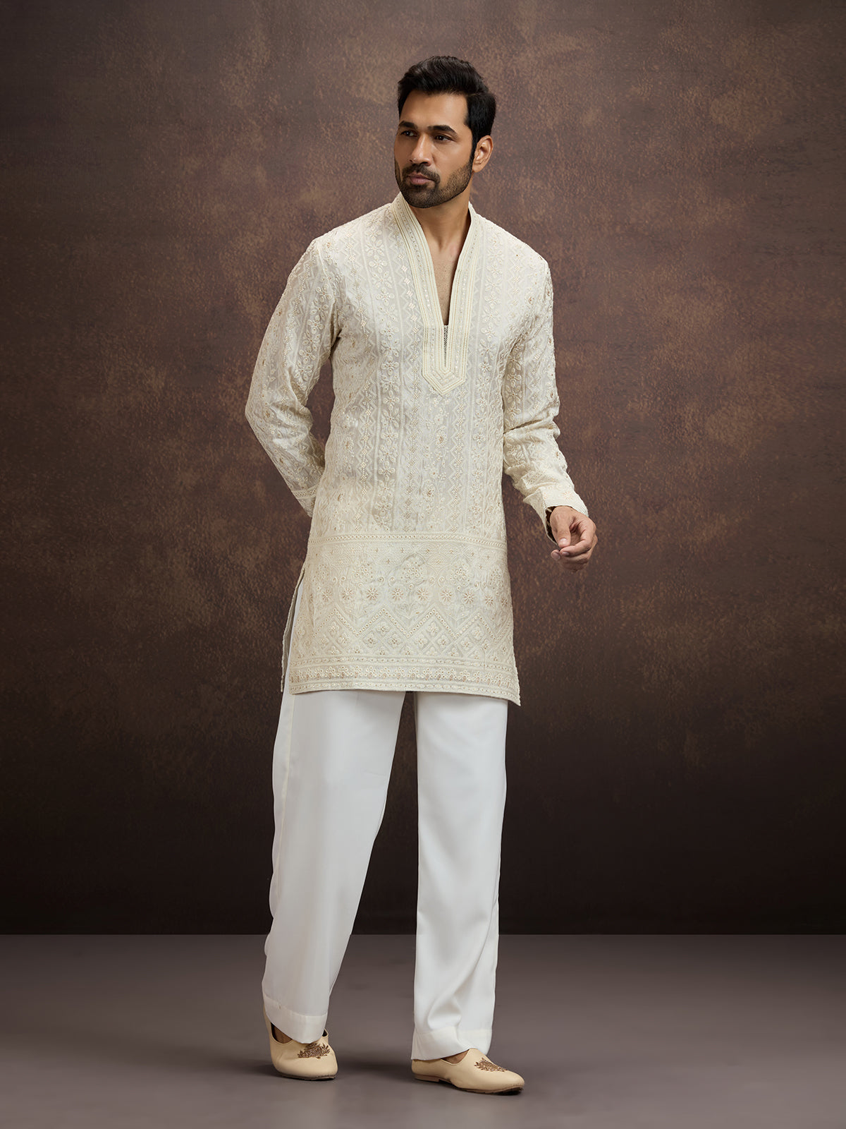 Cream embroidered tissue kurta pajama for men