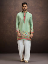 Pista green pichwai embroidered silk kurta pajama for men
