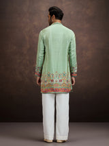 Pista green pichwai embroidered silk kurta pajama for men