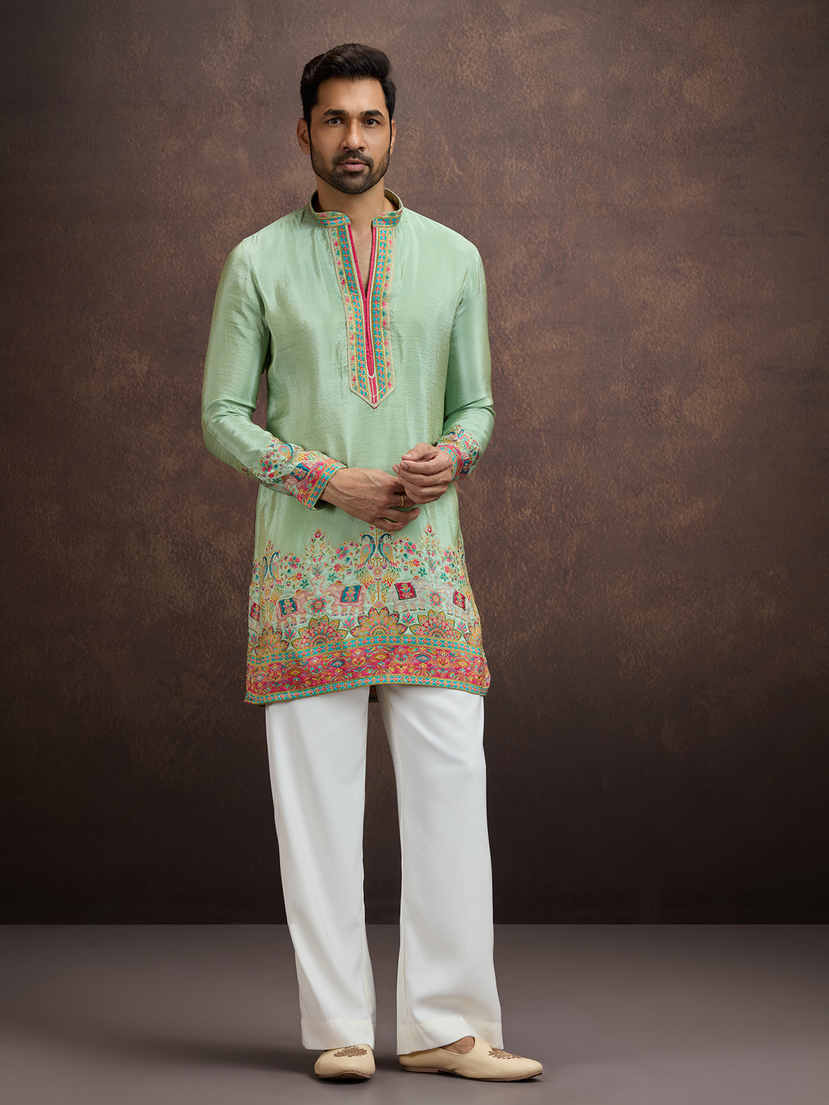 Pista green pichwai embroidered silk kurta pajama for men