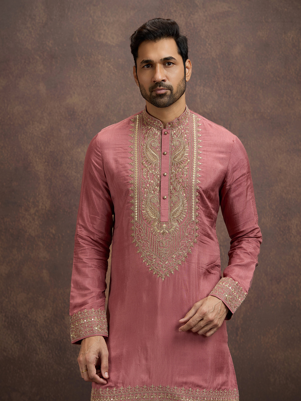 Pink zardosi paisley embroidered silk kurta pajama for men