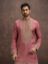 Pink zardosi paisley embroidered silk kurta pajama for men
