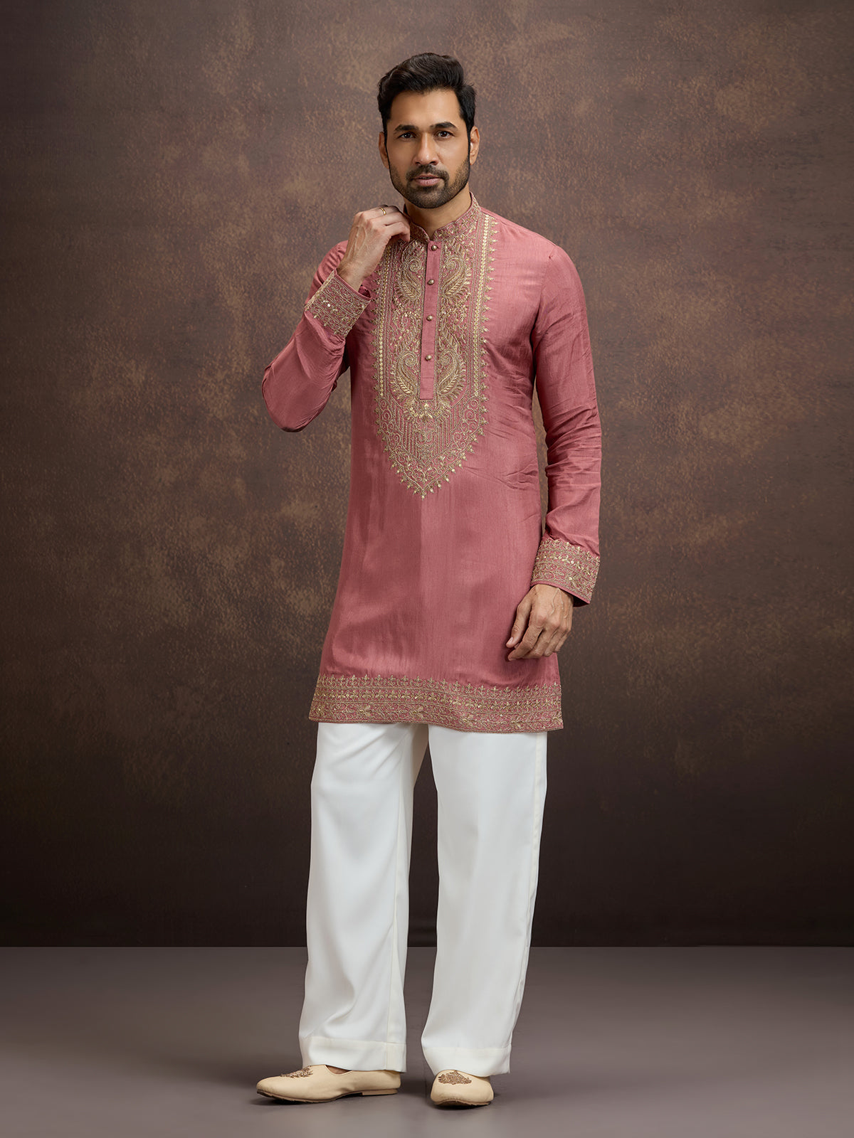 Pink zardosi paisley embroidered silk kurta pajama for men