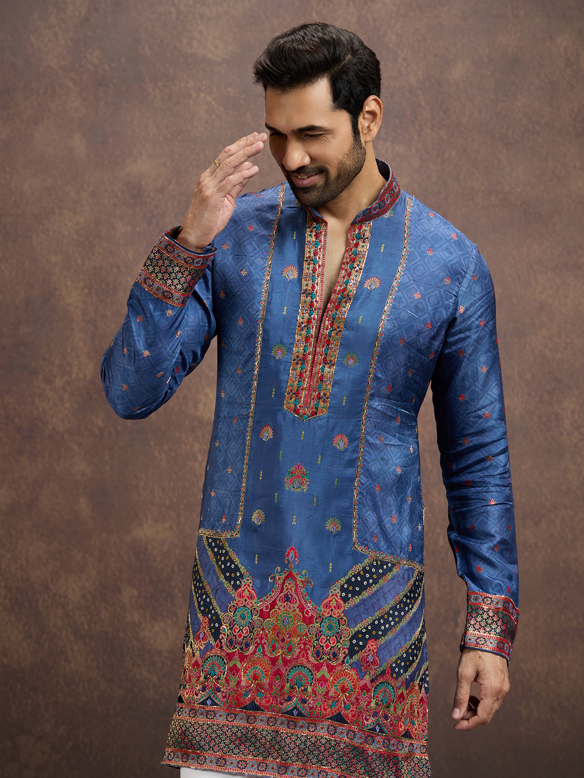 Blue gota embroidered silk kurta pajama for men