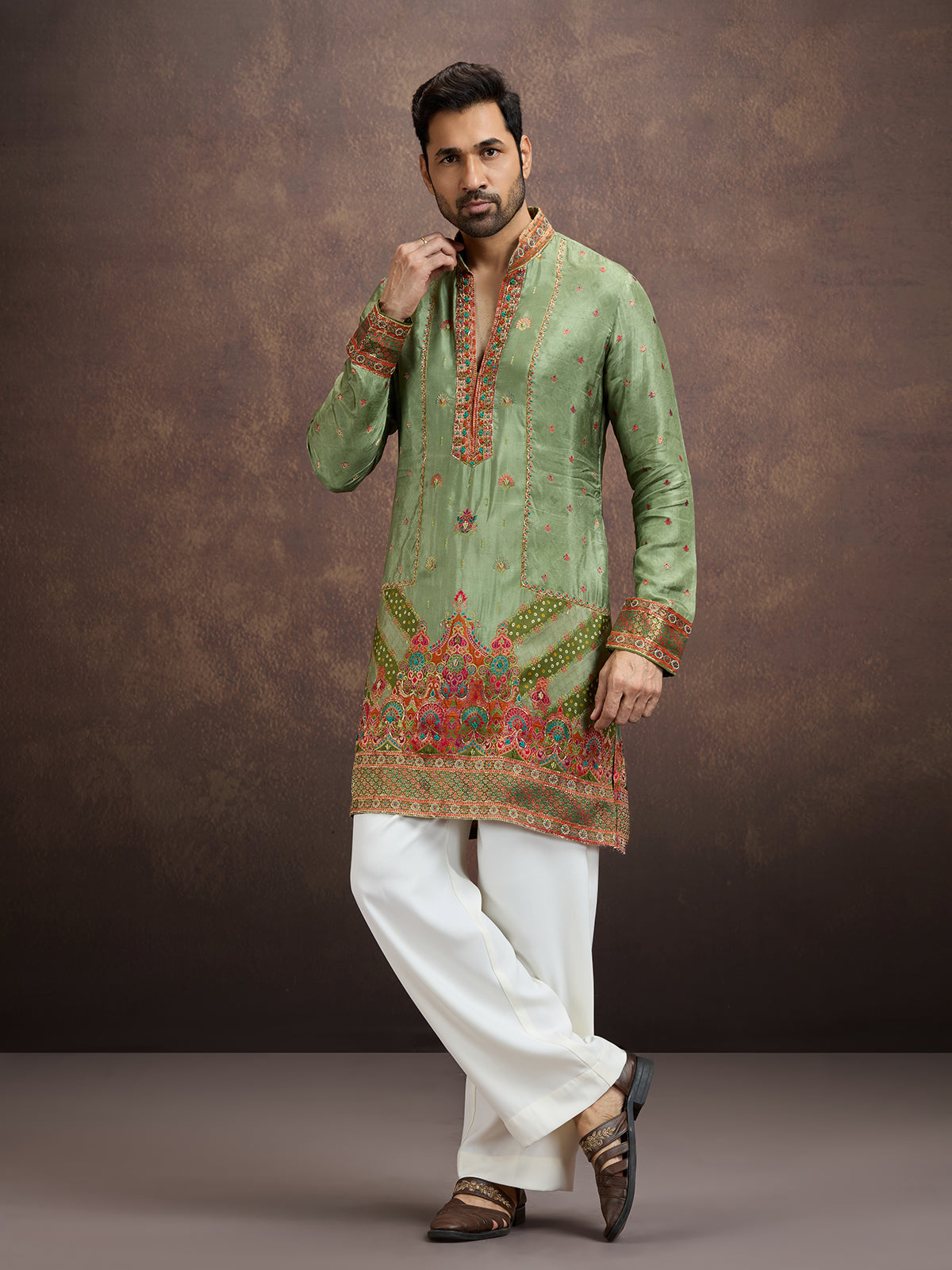 Sage green gota embroidered silk kurta pajama for men