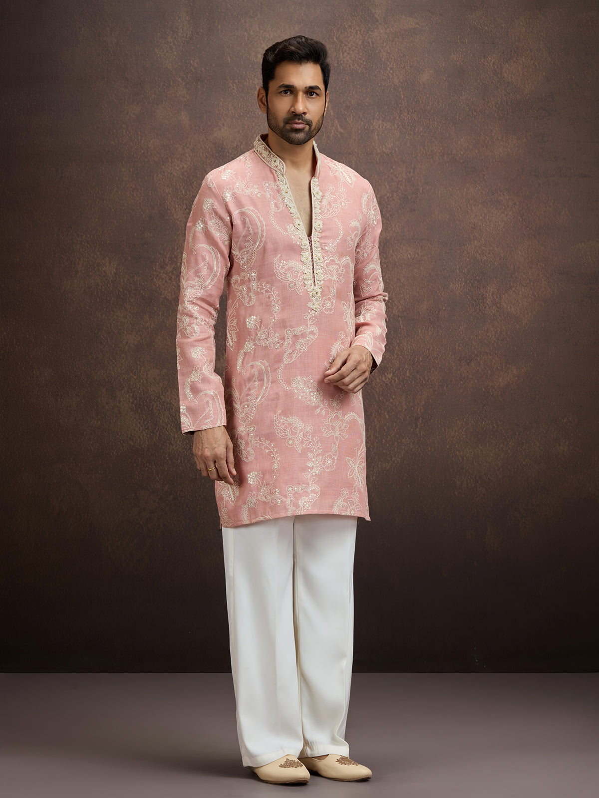 Peach floral embroidered linen kurta pajama for men