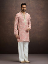 Peach floral embroidered linen kurta pajama for men