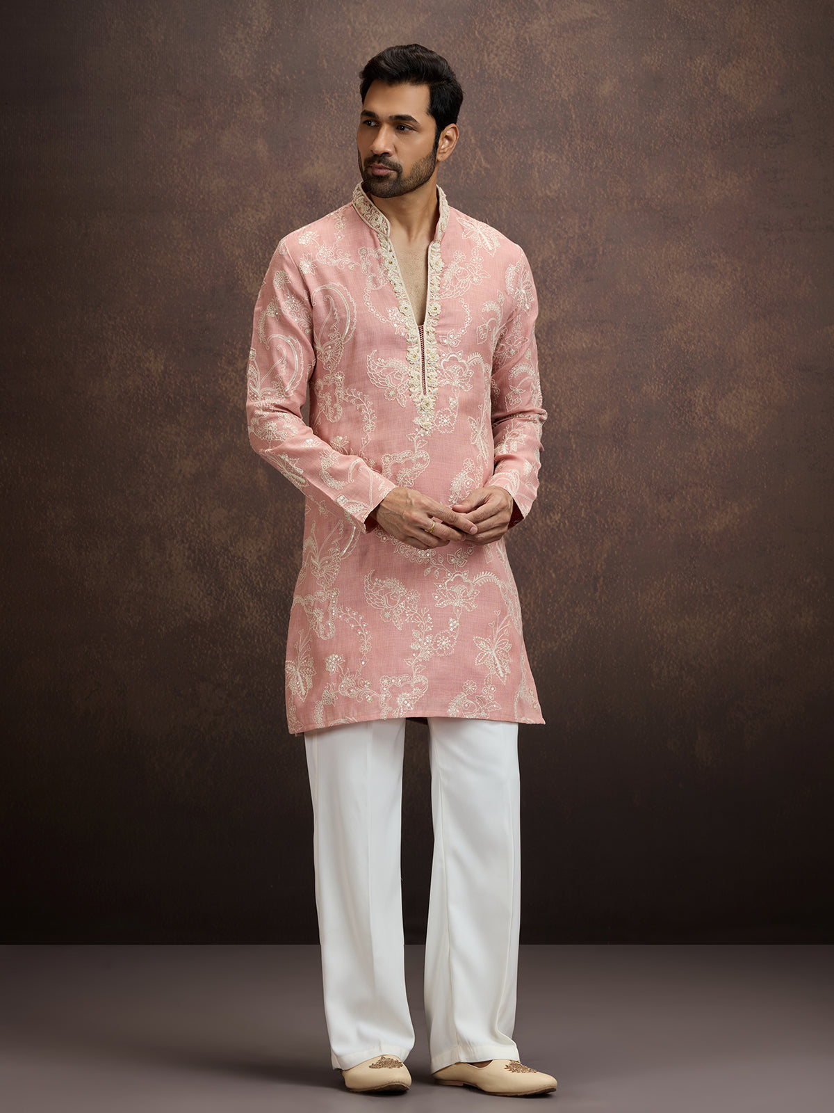 Peach floral embroidered linen kurta pajama for men