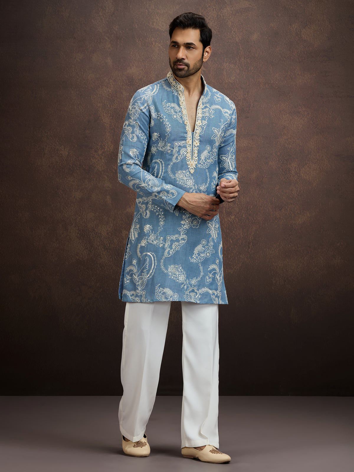 Dusty blue floral embroidered linen kurta pajama for men