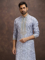 Blue printed aabla work kurta pajama for men