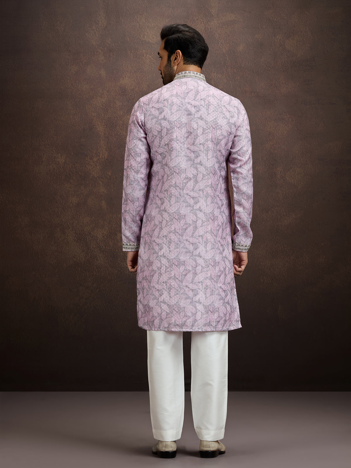 Lavender printed aabla work kurta pajama for men