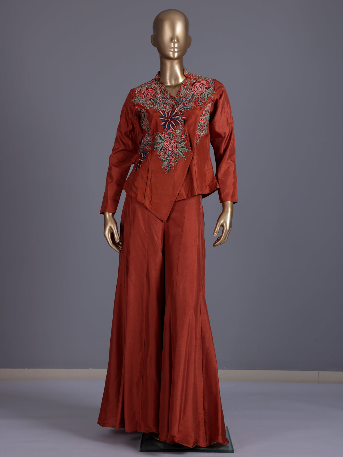 Rust embroidered indo western sharara suit for wedding celebration