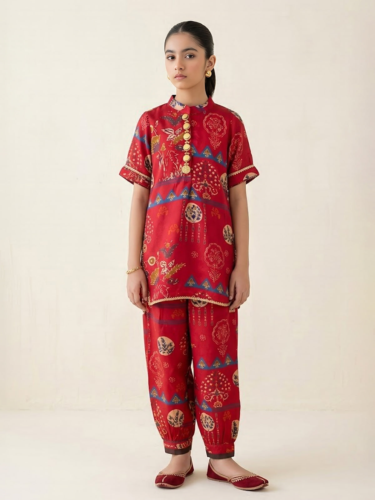 Red boho printed girls co-ord set