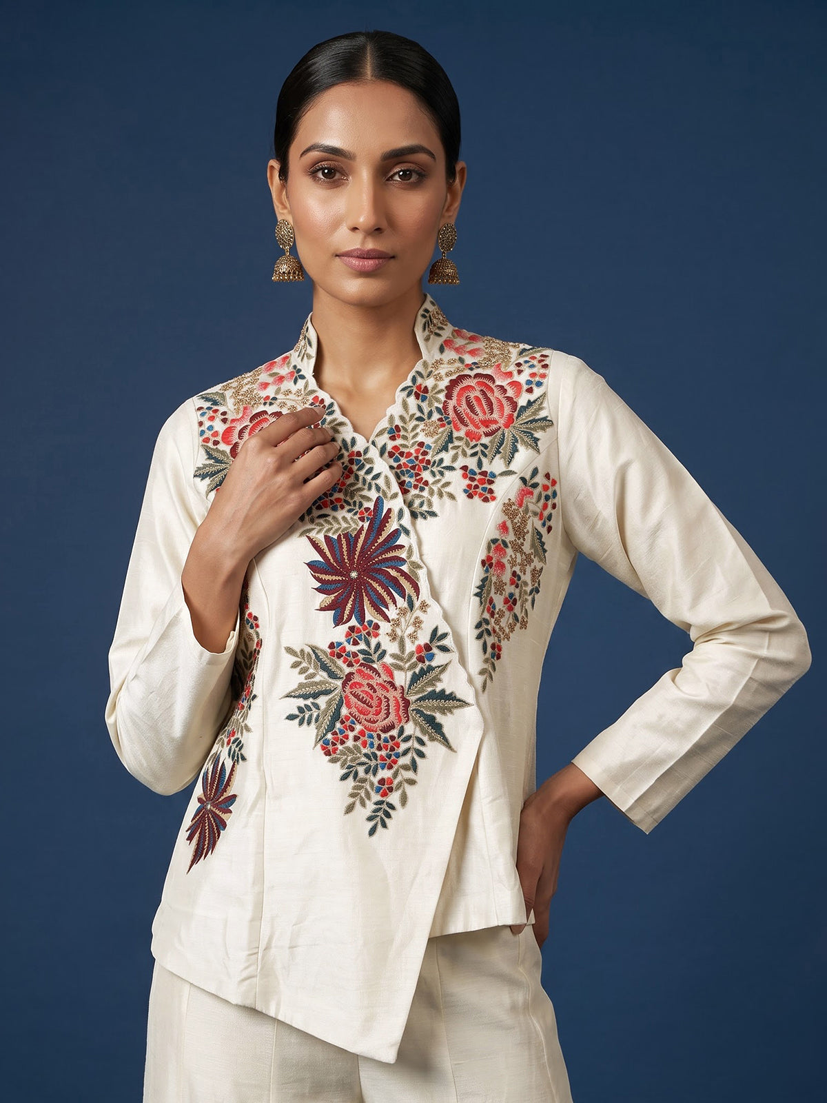 Off white embroidered women palazzo indo western suit