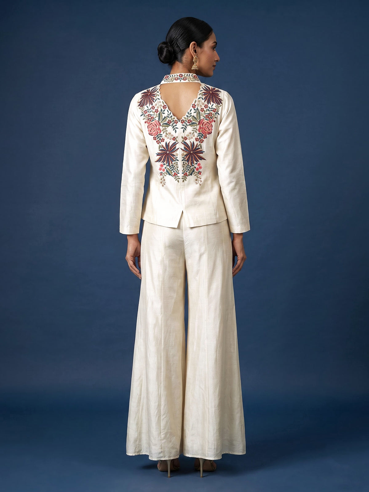 Off white embroidered women palazzo indo western suit