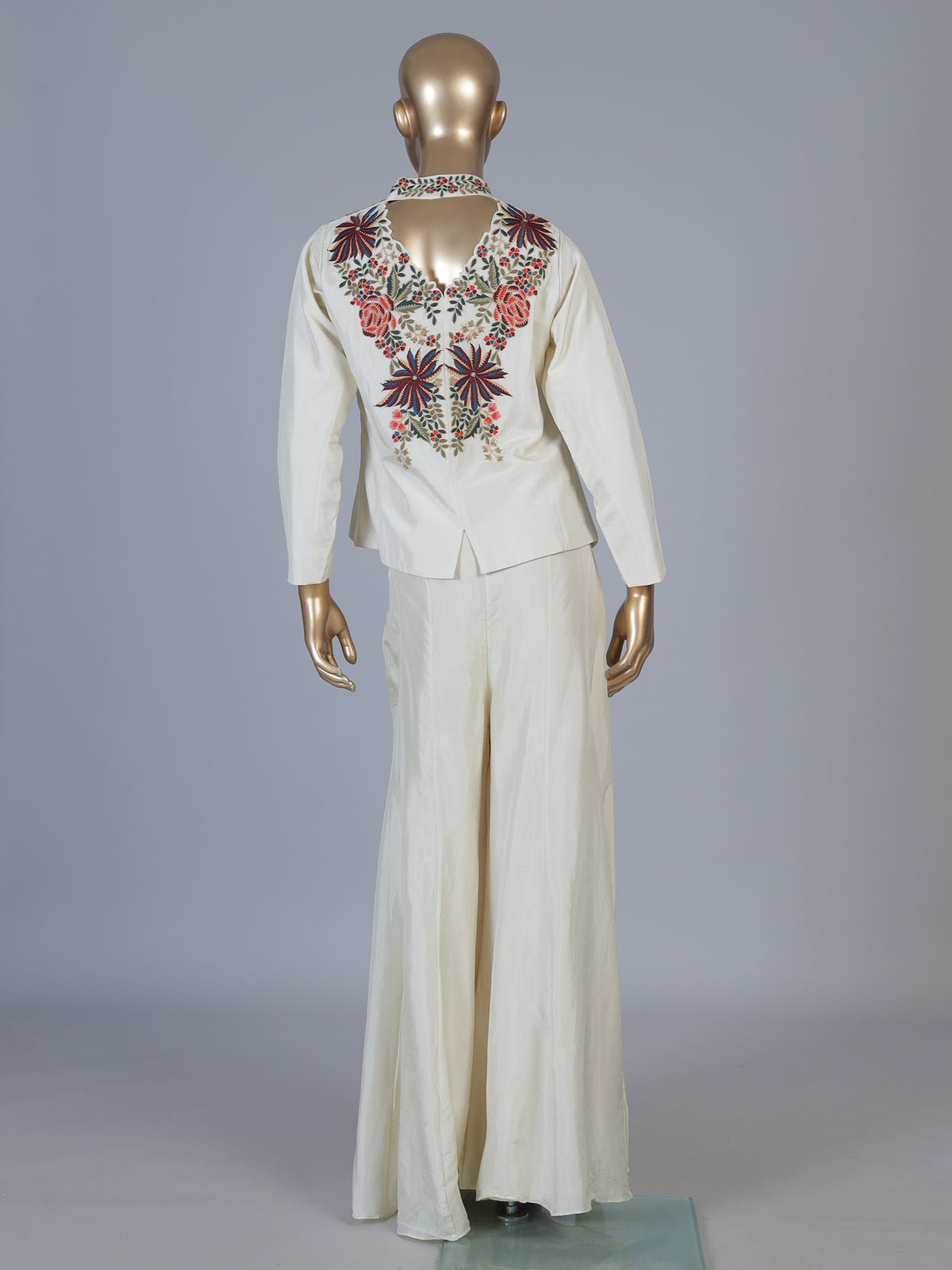 Off white embroidered women palazzo indo western suit