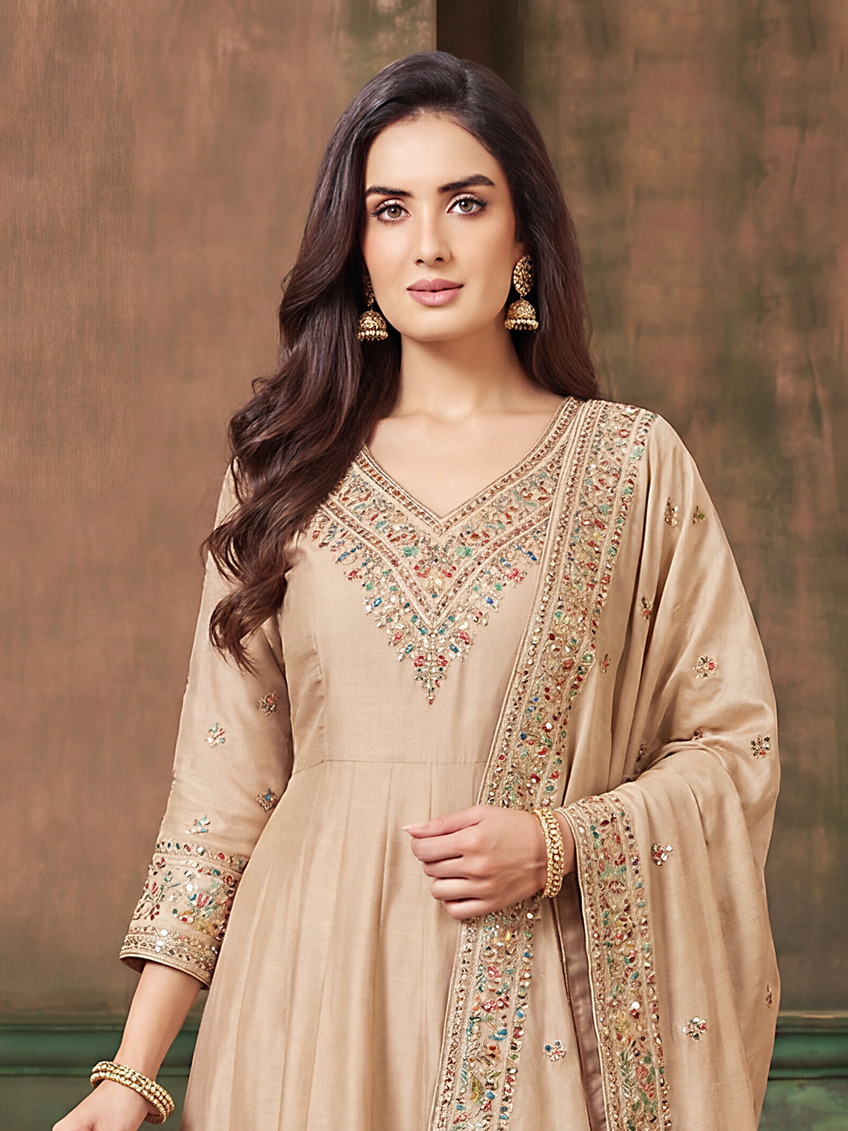 Beige mirror work anarkali salwar suit for women