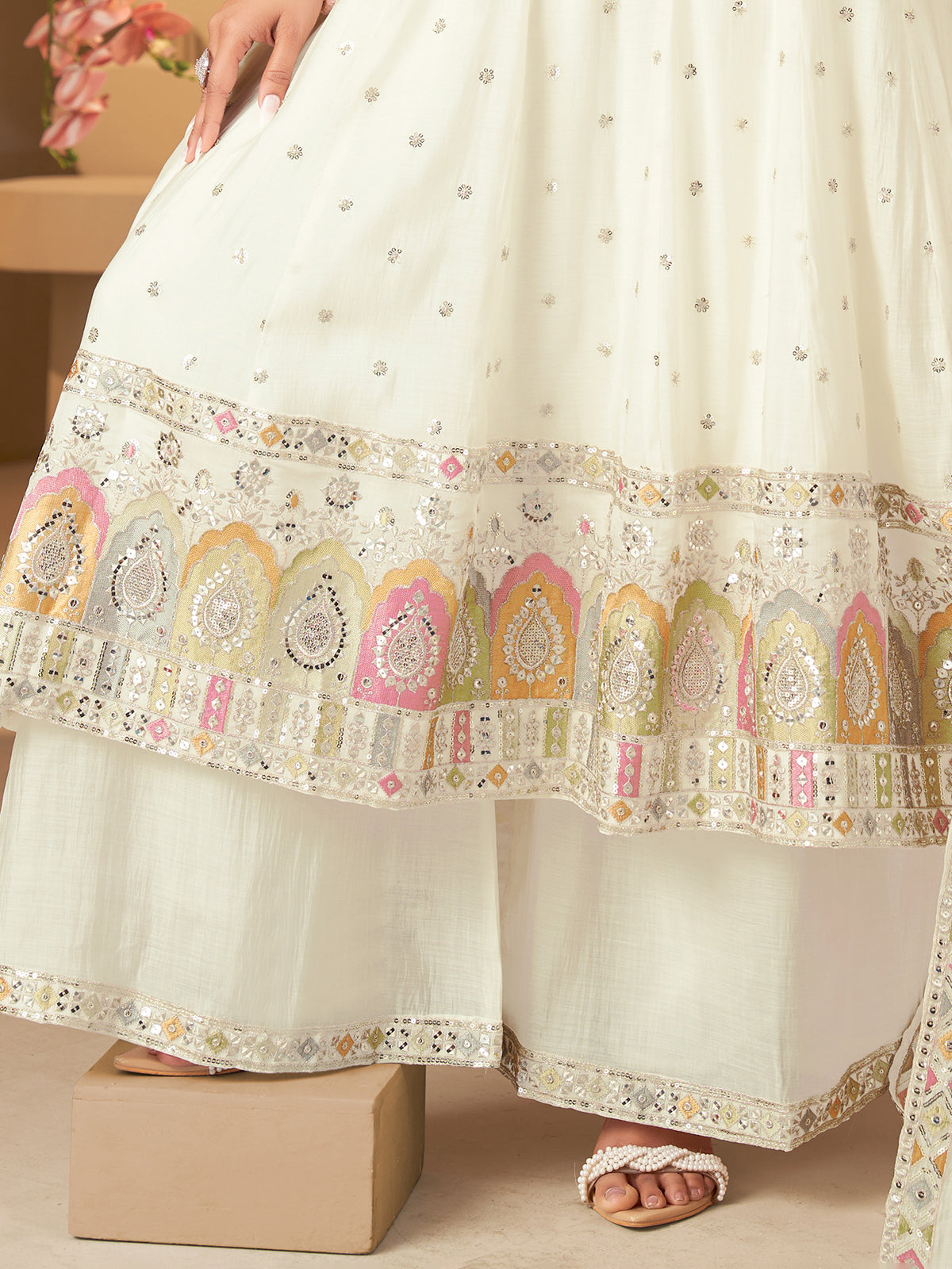 Off white cotton silk anarkali palazzo suit women