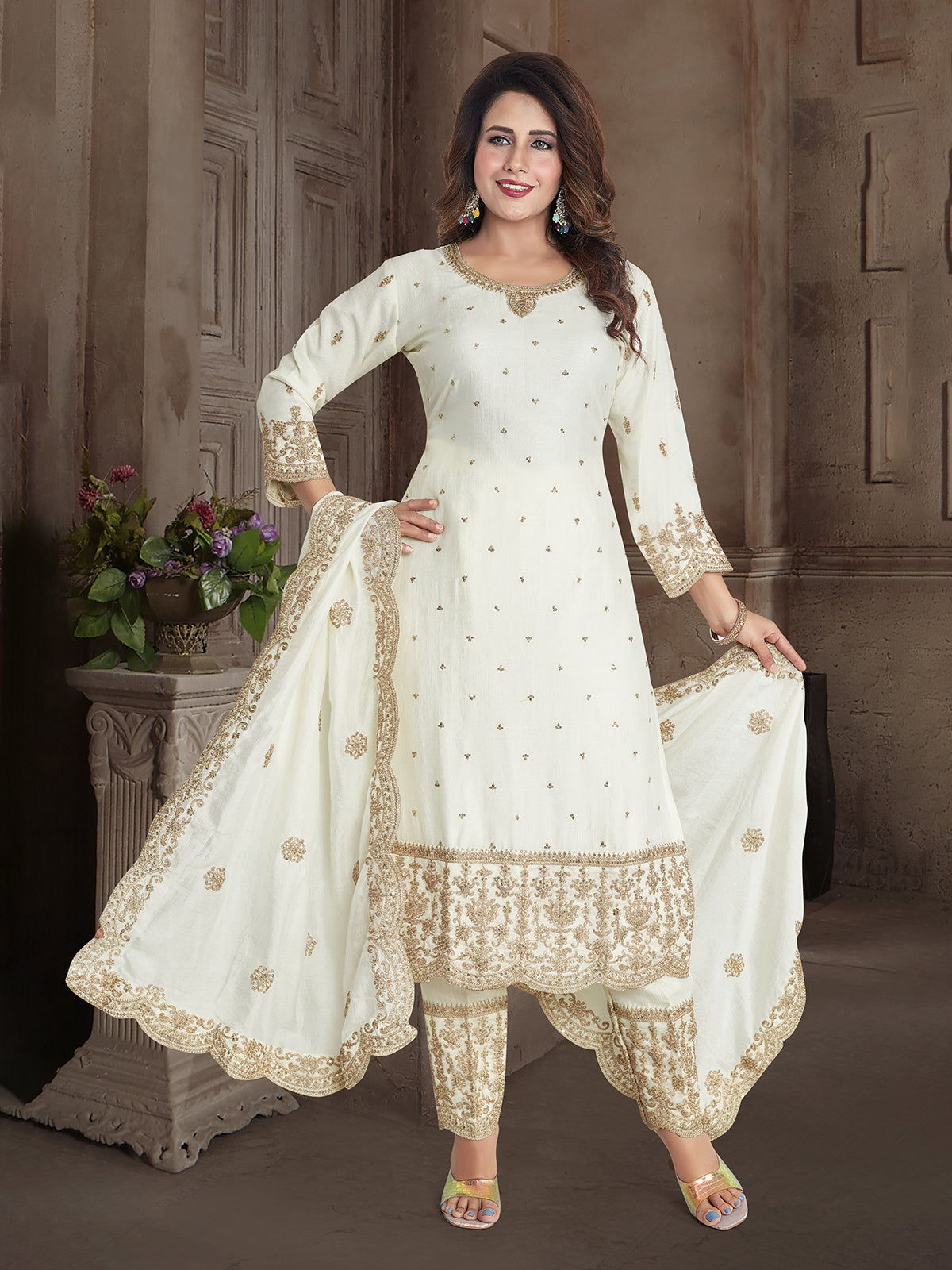 White silk resham embroidered salwar suit for women