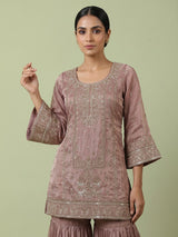 Onion pink embroidered women sharara suit with dupatta