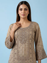 Beige embroidered women sharara suit with dupatta