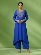 Blue asymmetrical embellished women palazzo suit