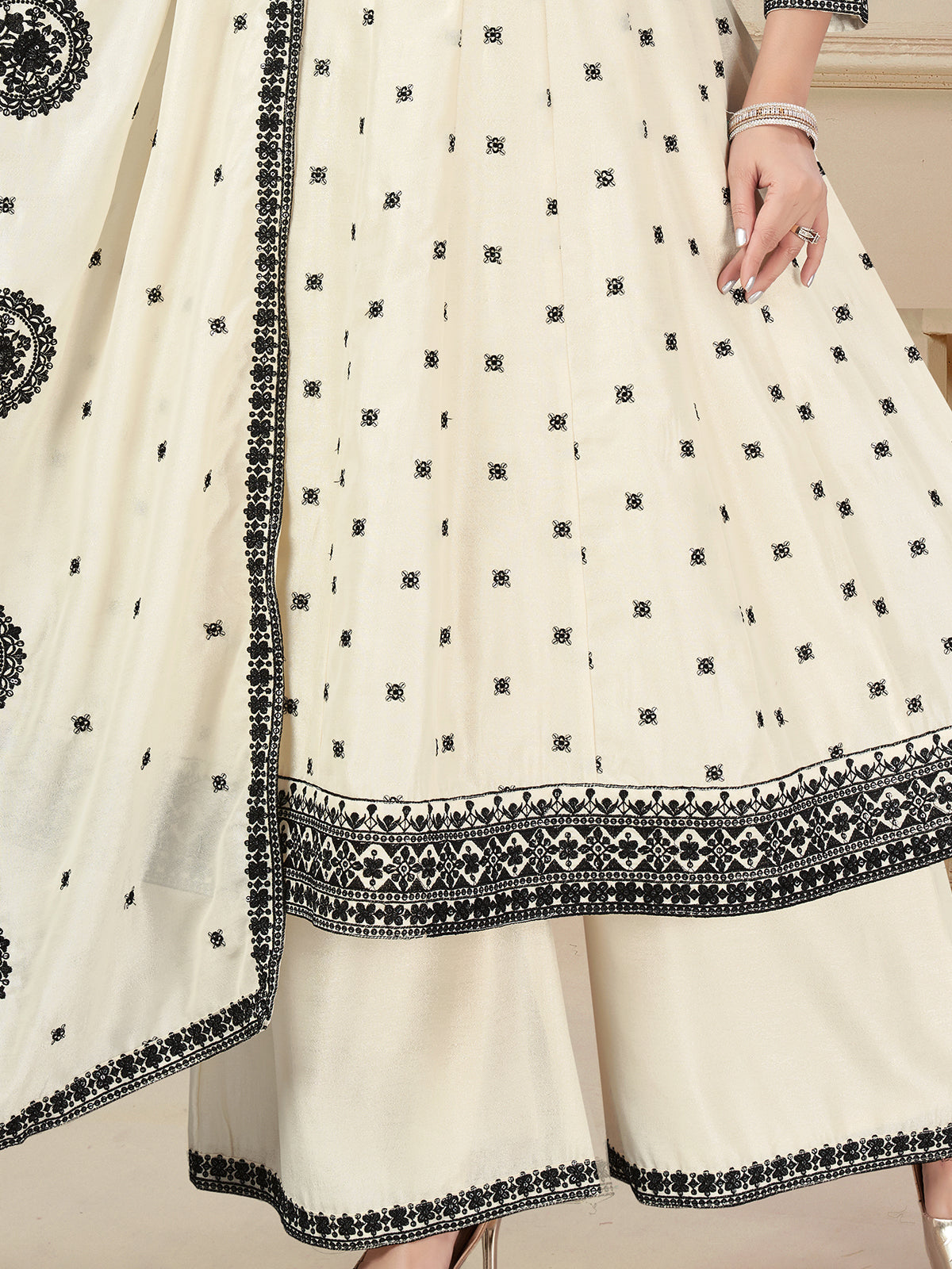 Cream silk embroidered palazzo suit for women