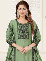 Green silk elegant embroidered anarkali pant suit