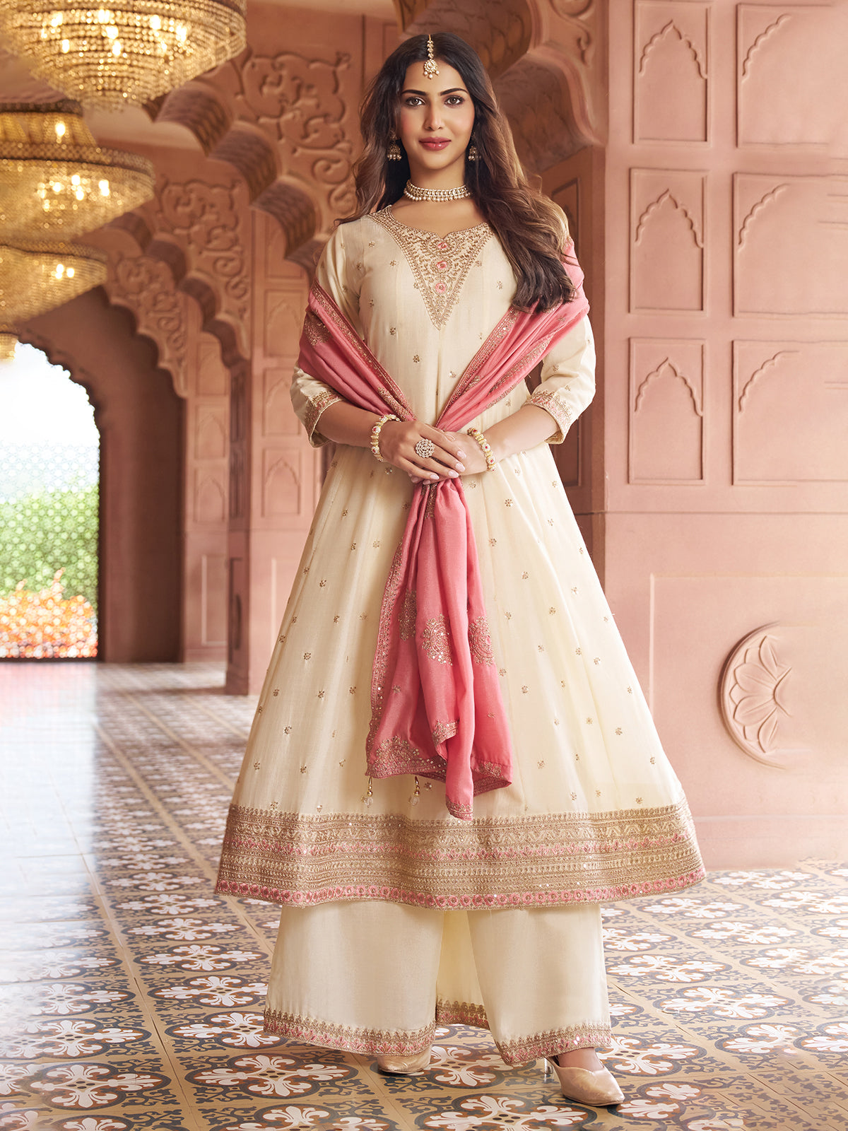Off white silk embroidered anarkali palazzo suit