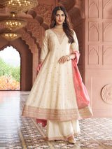 Off white silk embroidered anarkali palazzo suit