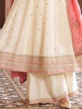 Off white silk embroidered anarkali palazzo suit