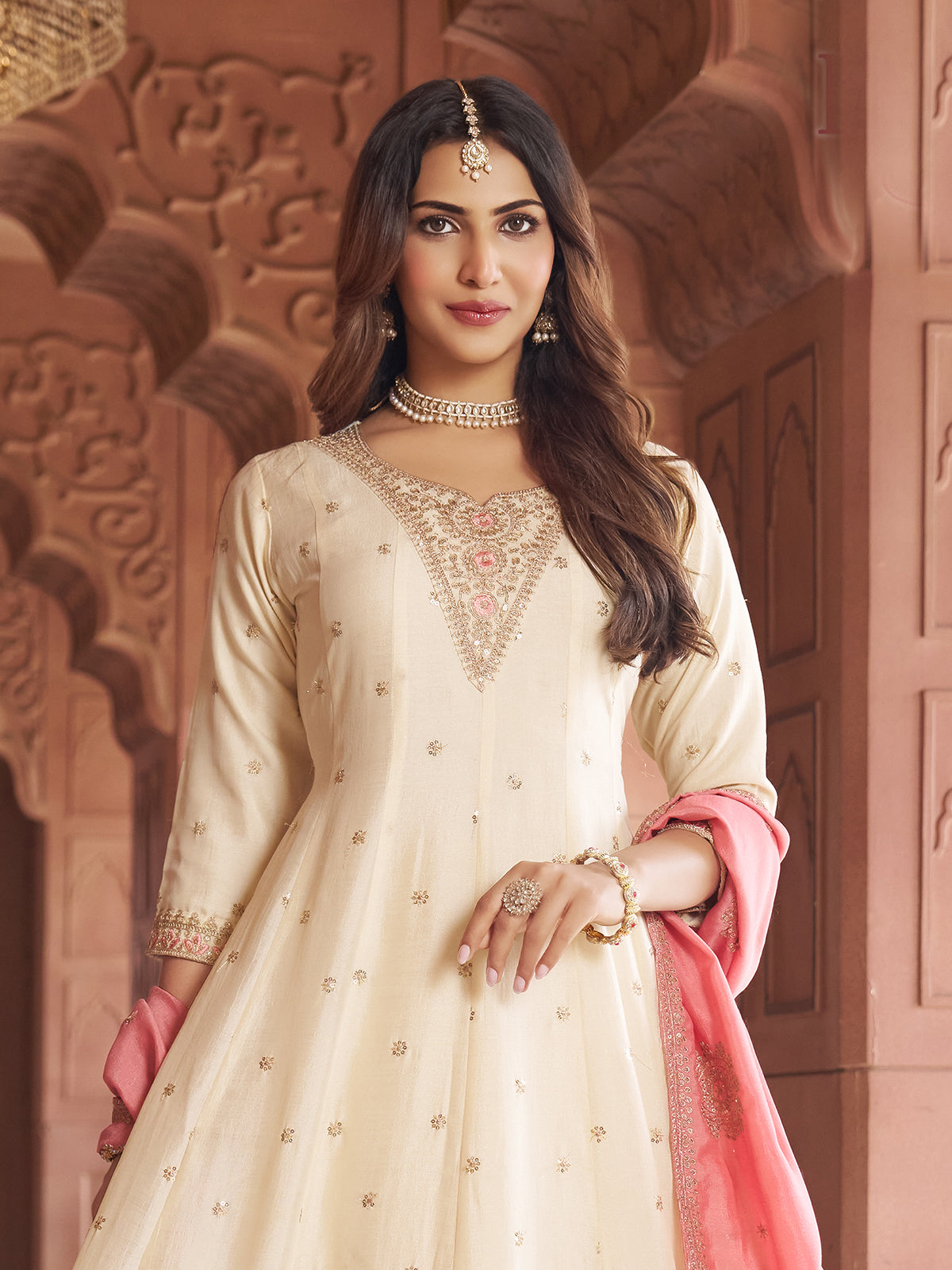 Off white silk embroidered anarkali palazzo suit