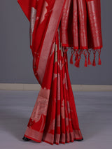 Red women floral silver zari saree