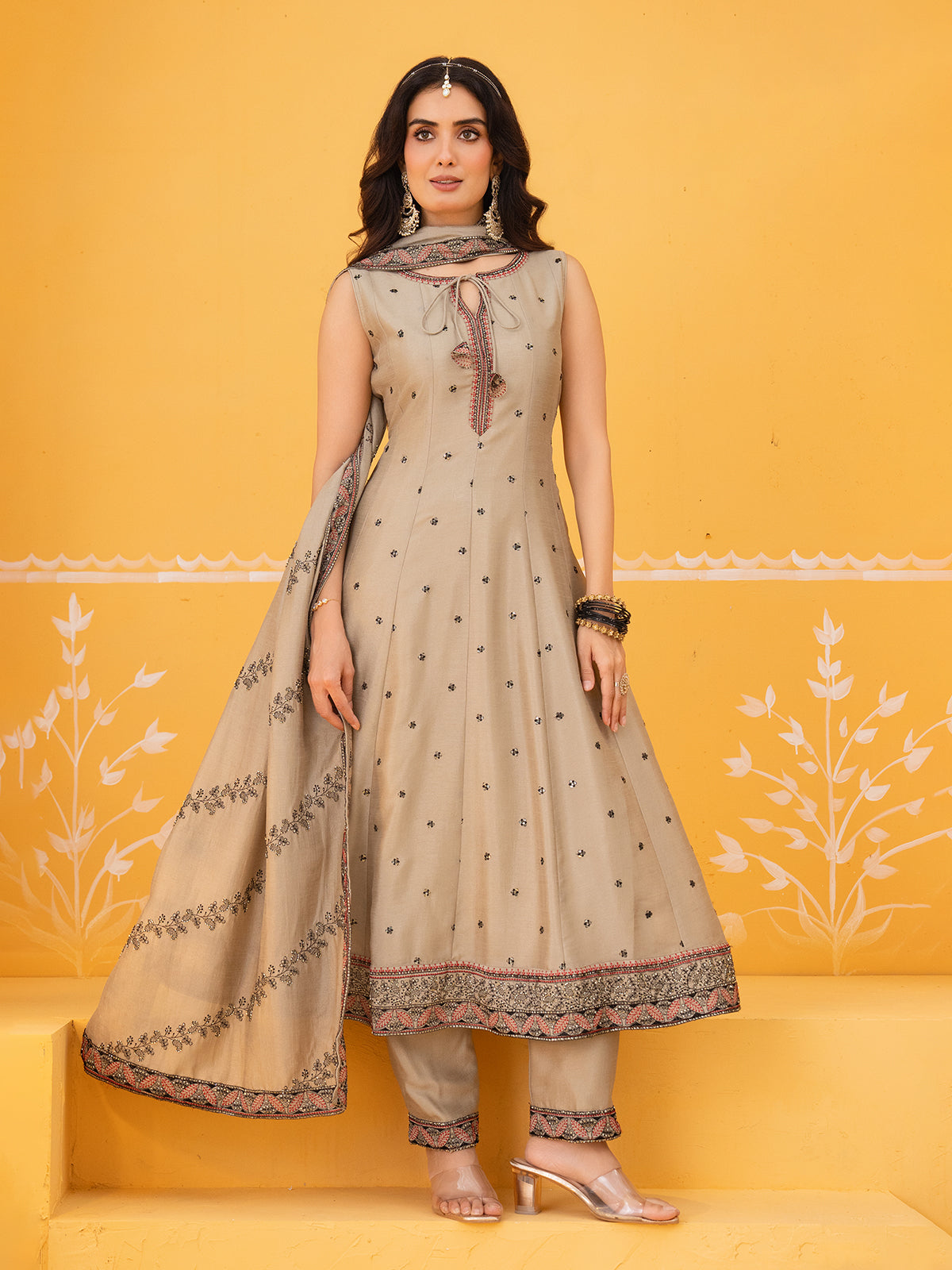 Light brown silk embellished anarkali pant suit for women