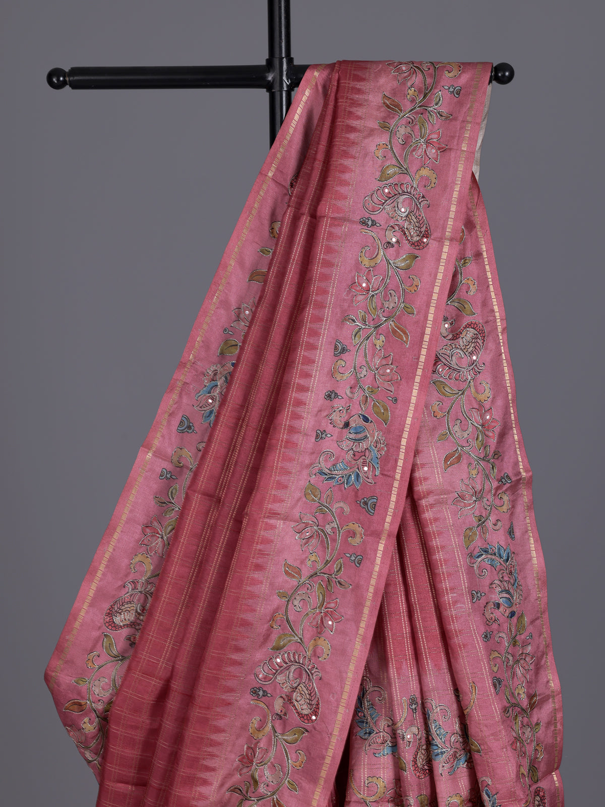 Pink women botanical vine zari saree