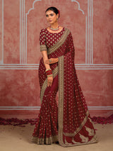 Maroon munga silk heirloom saree with unstitched blouse