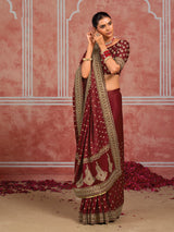 Maroon munga silk heirloom saree with unstitched blouse