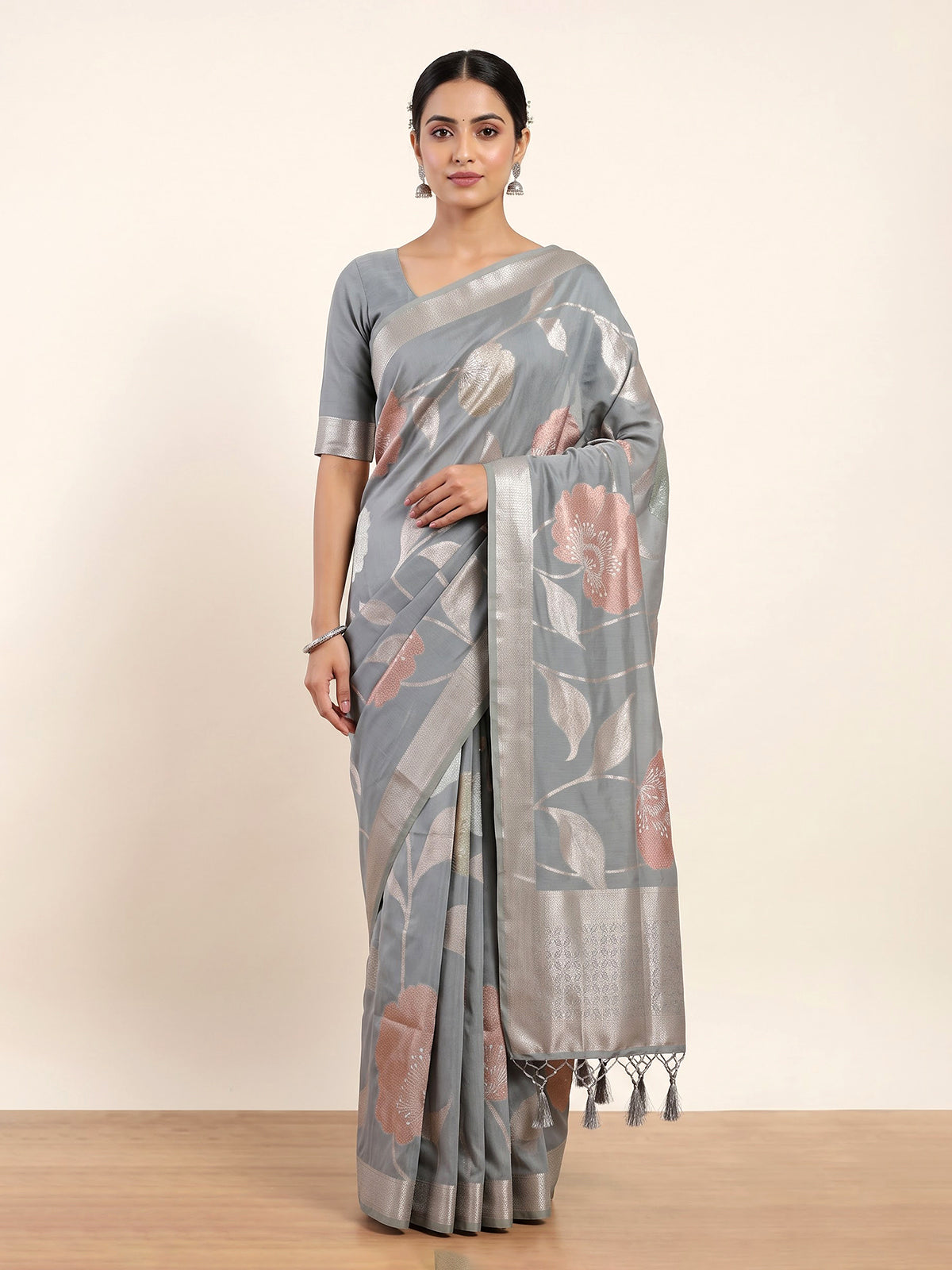 Grey women floral silver zari saree