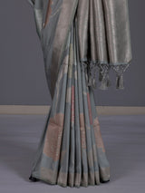 Grey women floral silver zari saree