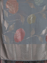 Grey women floral silver zari saree