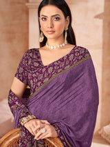 Purple printed crepe silk saree with unstitched blouse