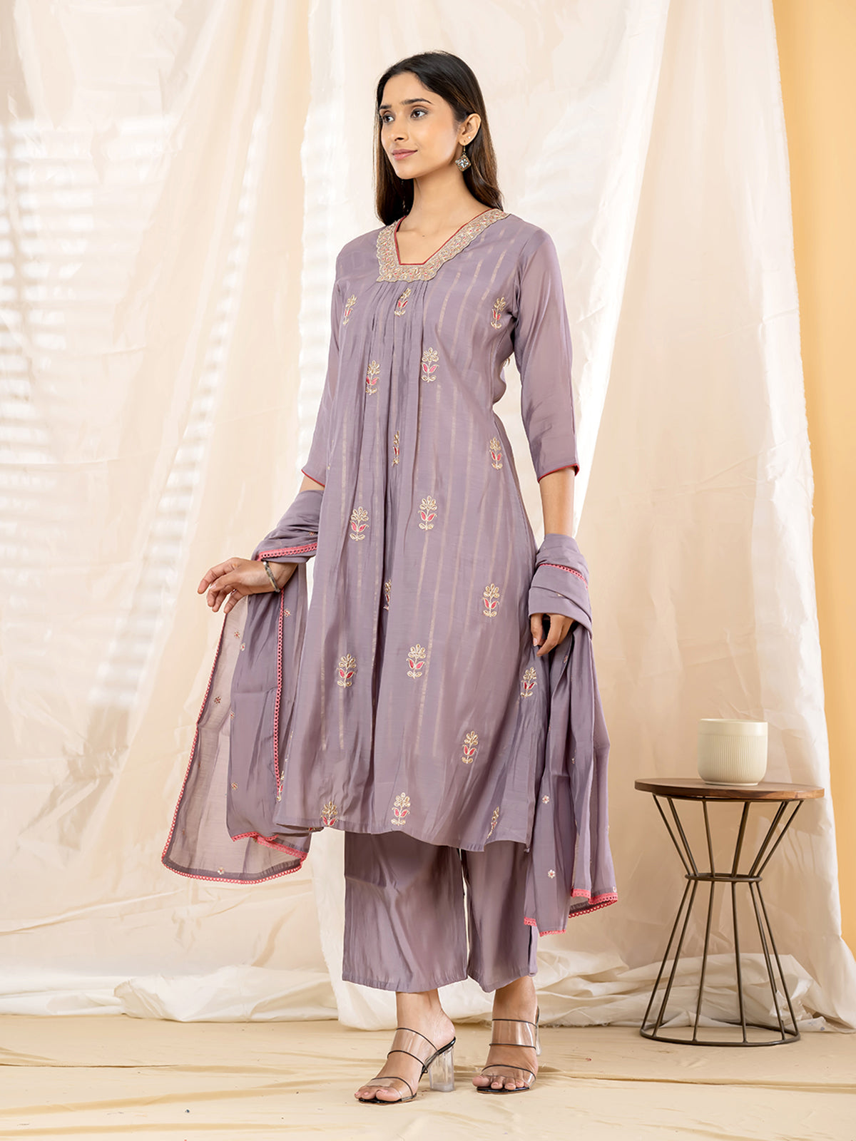 Lavender floral anarkali women palazzo kurti set