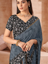 Black printed casual crepe silk saree with unstitched blouse