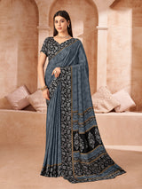 Black printed casual crepe silk saree with unstitched blouse
