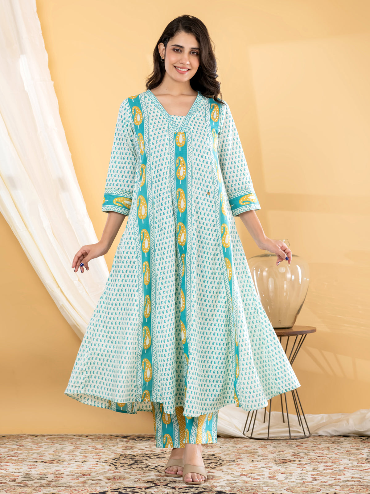 Sky blue paisley anarkali women pant kurti set