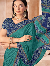 Rama green printed crepe silk saree with unstitched blouse